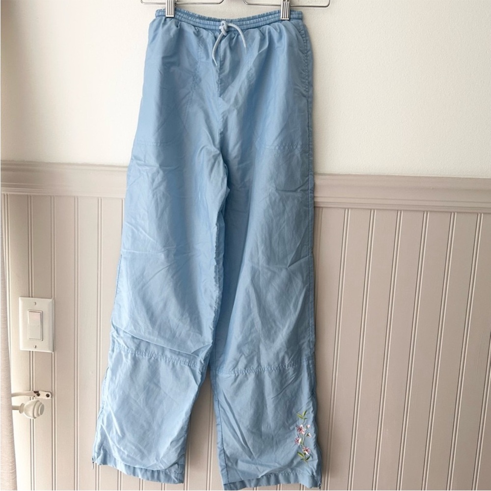 Y2K American Girl Sky Blue Joggers with Floral Detail